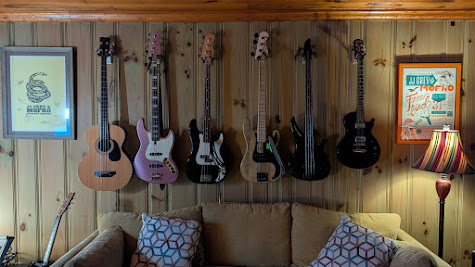 Instruments arranged along the studio wall
